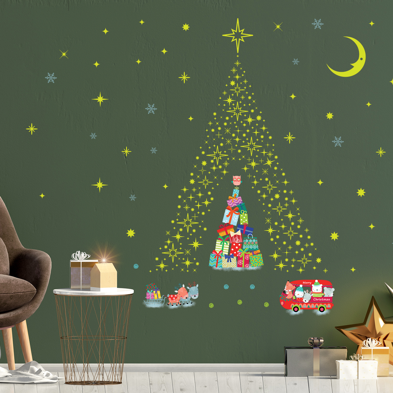 Glow Stars And Reindeer Christmas Tree Stickers – Sales Decor